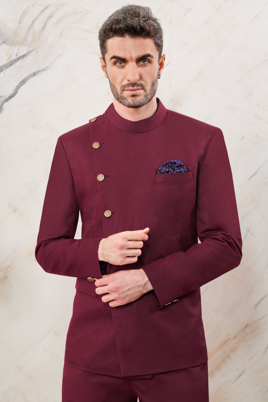 French Crown Bordeaux Maroon Cross Buttoned Wool Rich Bandhgala Suit ...